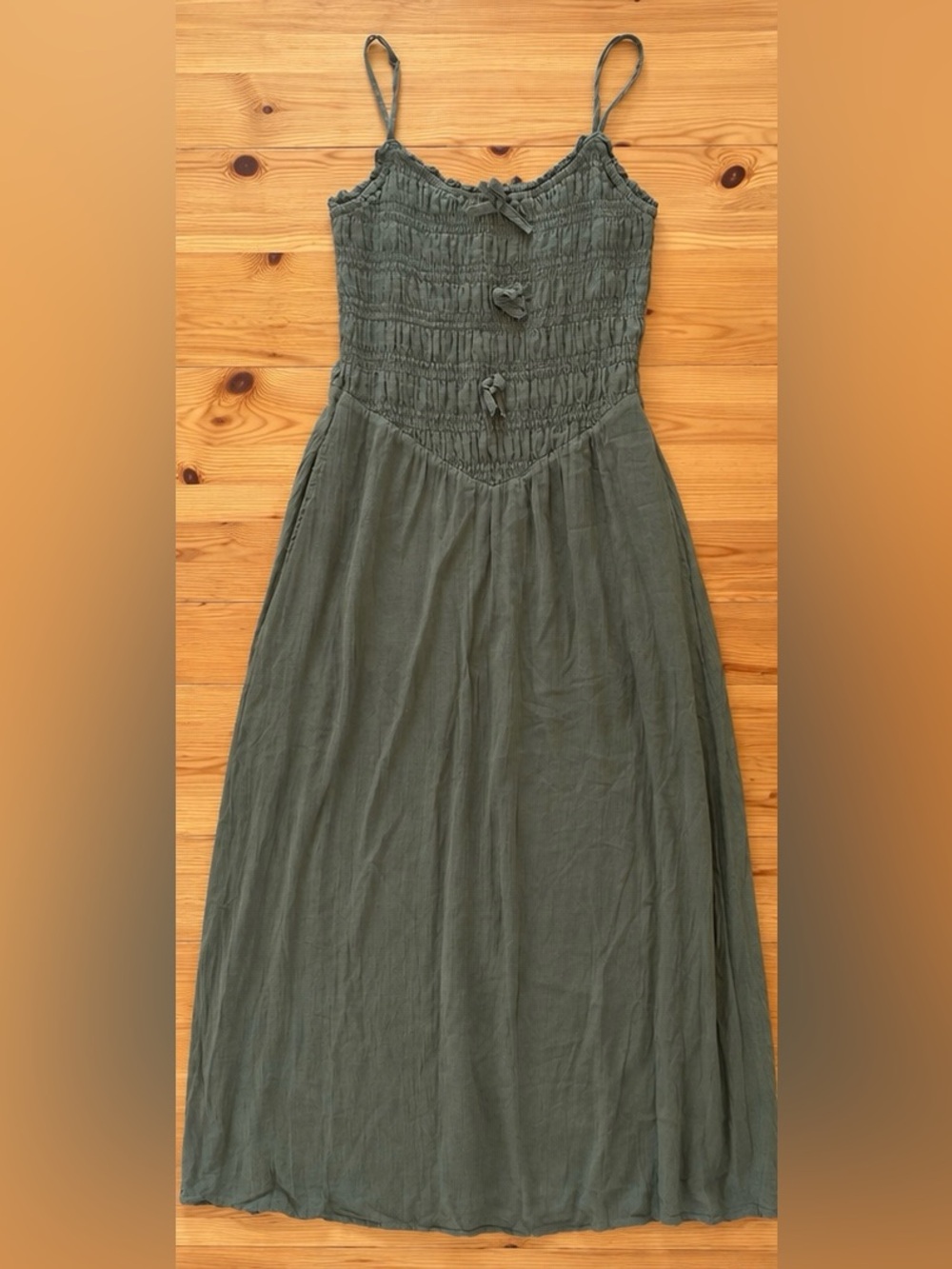 American Eagle Bella Bow Maxi Smocked Bodice Dress in Olive Cottagecore Size S - Picture 4 of 11